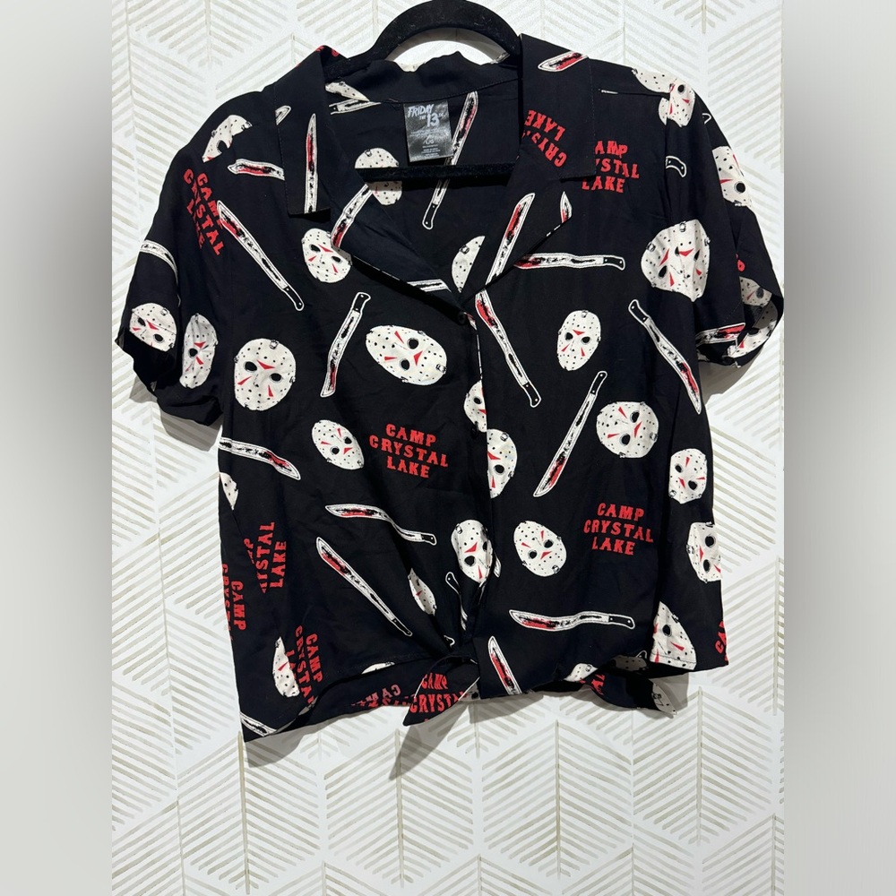 Friday The 13th Shirt Women Large Black Mask Print Button Up‎ Collared Rayon